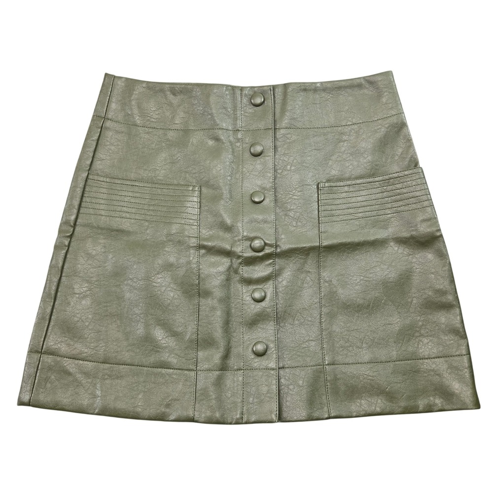 Topshop Mini Skirt Womens 8 Green Faux Leather Button Front Pocket Vegan Edgy